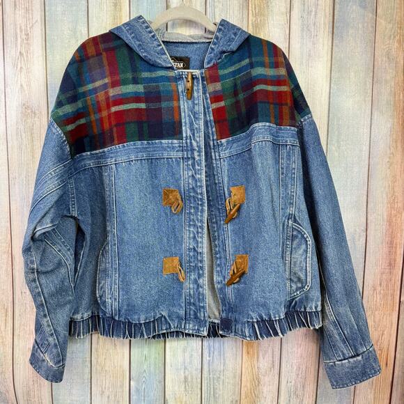 Braetan Vintage Denim Jacket Large Plaid Flannel Blue Jean 90s Hoodie Coat - Picture 6 of 10